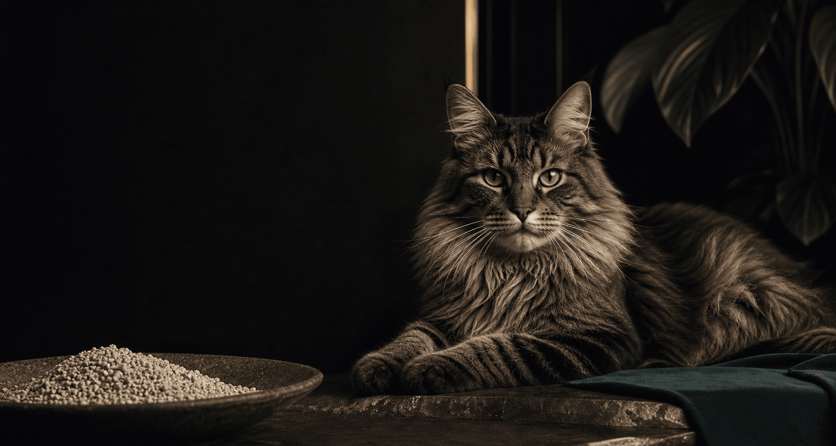 A long-haired cat beside a bowl of mineral cat litter in a dark studio
